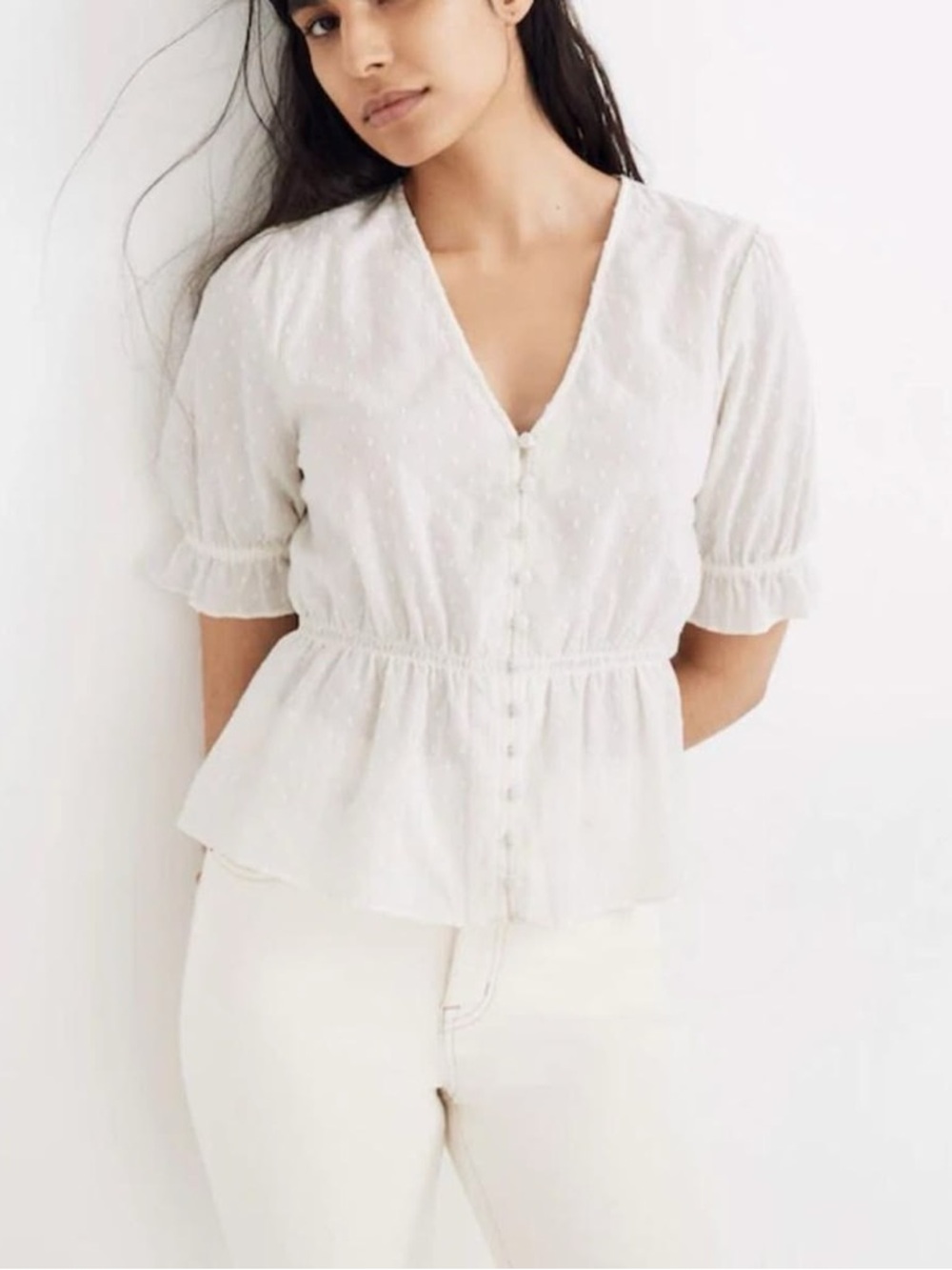 White Lightweight Button-Front Women's Top with Short Sleeves